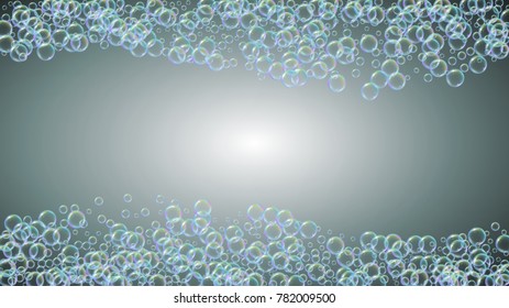 Shampoo bubbles on gradient background. Realistic water bubbles 3d. Cool rainbow colored liquid foam with shampoo bubbles. Cosmetic flyer and invite. Cleaning soap foam for bath and shower.