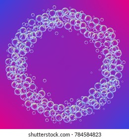 Shampoo bubbles on gradient background. Realistic water bubbles 3d. Cool rainbow colored liquid foam with shampoo. Cosmetic flyer and invite. Cleaning soap foam for bath and shower.
