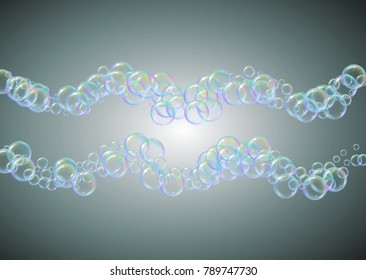 Shampoo bubbles on gradient background. Realistic water bubbles 3d. Cool liquid foam with shampoo bubbles. Horizontal cosmetic flyer and invite. Cleaning soap foam for bath and shower.