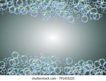 Shampoo bubbles on gradient background. Realistic water bubbles 3d. Cool liquid foam with shampoo bubbles. Horizontal cosmetic flyer and invite. Cleaning soap foam for bath and shower.