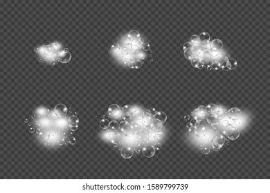 Shampoo bubbles texture. Bath foam realistic on transparent background. Vector illustration.