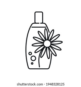 shampoo with chamomile linear icon. Natural cosmetics and Make up. Thin line customizable illustration. Contour symbol. Vector isolated outline drawing. Editable stroke