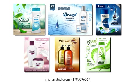 Shampoo And Conditioner Promo Posters Set Vector. Anti-dandruff And Sulfate-free, With Aloe Vera And Coconut Milk Shampoo Packages Collection Banners. Color Concept Layout Realistic 3d Illustrations