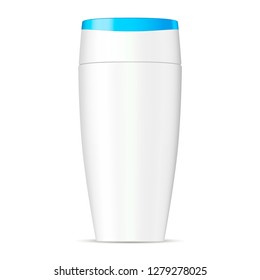 Shampoo Cosmetic Bottle. Isolated White Pet Container with Aqua Blue Lid for Hair Moisturizer, soap, Gel Product. Oval 3d Packaging Template for Advertising.
