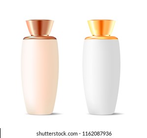 Shampoo cosmetic bottle mock up. Glossy rose and white bottles set with golden caps. Brand cream, soups, foams, shampoo cosmetics design. HQ EPS10 vector illustration.