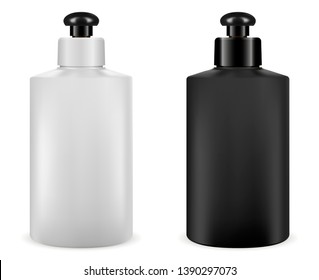 Shampoo Cosmetic Package. Plastic Container Blank. Black and White Bottle Packaging isolated on Background. Realistic Template Mockup Set. Clear Bath Foam or Soap Pack. Gel Container.