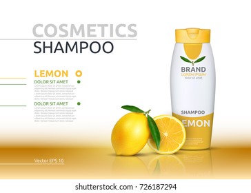 Shampoo cosmetic realistic mock up package orange essence. Vector 3D illustration. Cosmetic package ads template. Natural fruit detailed 3d elements