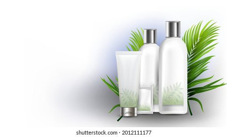 Shampoo Different Packages And Tree Branch Vector. Natural Shampoo Blank Bottle, Tube And Sachet Bag. Plant Green Leaves Organic Cosmetic Ingredient Template Realistic 3d Illustration