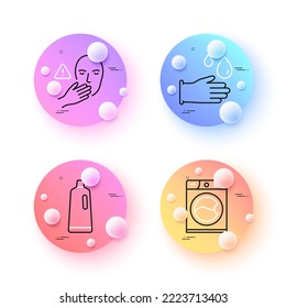 Shampoo, Dont touch and Rubber gloves minimal line icons. 3d spheres or balls buttons. Washing machine icons. For web, application, printing. Bath cleanser, Clean hand, Hygiene equipment. Vector