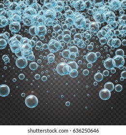 Shampoo falling rain of cool realistic water bubbles on transparent background. Cleaning liquid soap foam, shampoo bubbles in bath or shower. For banner, flyer, invitation. Cool deep sea with sprays.