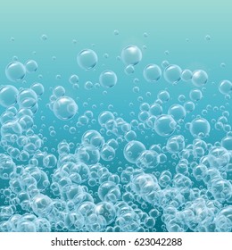 Shampoo floating sprays of realistic water bubbles. Template for aqua park, swimming pool, diving club design. For banner, flyer, party invitation. Cleaning soap foam or shampoo bubbles underwater.