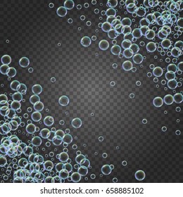 Shampoo foam diagonal frame with realistic water bubbles on transparent background. Cleaning liquid soap foam for bath and shower. Shampoo rainbow bubbles. Swimming pool flyer and invite.