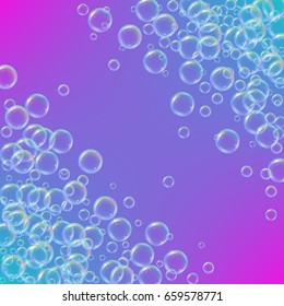 Shampoo foam diagonal frame with realistic water bubbles on trendy gradient background. Cleaning liquid soap foam for bath and shower. Shampoo rainbow bubbles. Swimming pool flyer and invite.