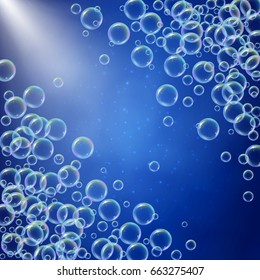 Shampoo foam diagonal frame with realistic water bubbles on blue background with sunshine flare. Cleaning liquid soap foam for bath and shower. Shampoo rainbow bubbles. Swimming pool flyer and invite.