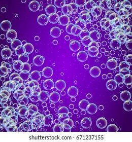 Shampoo foam diagonal frame with realistic water bubbles on purple background. Cleaning liquid soap foam for bath and shower. Shampoo rainbow bubbles. Swimming pool flyer and invite.