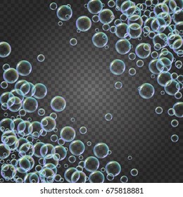 Shampoo foam diagonal frame with realistic water bubbleson transparent background. Cleaning liquid soap foam for bath and shower. Shampoo rainbow bubbles. Swimming pool flyer and invite.