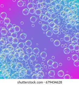Shampoo foam diagonal frame with realistic water bubbles on trendy gradient background. Cleaning liquid soap foam for bath and shower. Shampoo rainbow bubbles. Swimming pool flyer and invite.