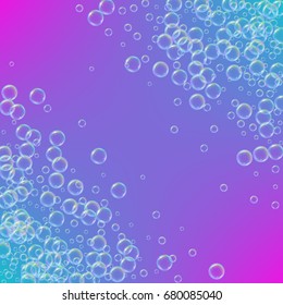 Shampoo foam diagonal frame with realistic water bubbles on trendy gradient background. Cleaning liquid soap foam for bath and shower. Shampoo rainbow bubbles. Swimming pool flyer and invite.