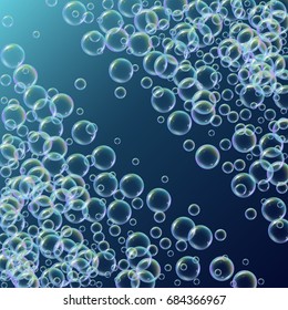 Shampoo foam diagonal frame with realistic water bubbles on deep blue background. Cleaning liquid soap foam for bath and shower. Shampoo rainbow bubbles. Swimming pool flyer and invite.