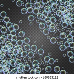 Shampoo foam diagonal frame with realistic water bubbles on transparent background. Cleaning liquid soap foam for bath and shower. Shampoo rainbow bubbles. Swimming pool flyer and invite.