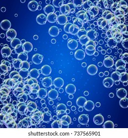 Shampoo foam diagonal frame with realistic water bubbles on shiny blue background. Cleaning liquid soap foam for bath and shower. Shampoo rainbow bubbles. Swimming pool flyer and invite.