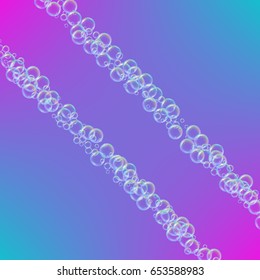 Shampoo foam in diagonal stripes with realistic water bubbles on trendy gradient background. Cleaning liquid soap foam for bath and shower. Shampoo rainbow bubbles. Swimming pool flyer and invite.
