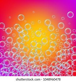 Shampoo foam in floating with realistic water bubbles on multicolored vibrant background. Cleaning liquid soap foam for bath and shower. Shampoo rainbow bubbles. Swimming pool flyer and invite.