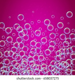 Shampoo foam in floating with realistic water bubbles on pink background. Cleaning liquid soap foam for bath and shower. Shampoo rainbow bubbles. Swimming pool flyer and invite.