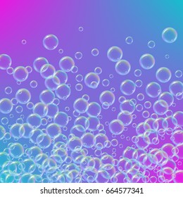 Shampoo foam in floating with realistic water bubbles on trendy gradient background. Cleaning liquid soap foam for bath and shower. Shampoo rainbow bubbles. Swimming pool flyer and invite.
