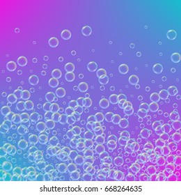 Shampoo foam in floating with realistic water bubbles on trendy gradient background. Cleaning liquid soap foam for bath and shower. Shampoo rainbow bubbles. Swimming pool flyer and invite.