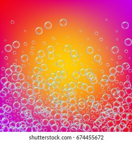 Shampoo foam in floating with realistic water bubbles on multicolored vibrant background. Cleaning liquid soap foam for bath and shower. Shampoo rainbow bubbles. Swimming pool flyer and invite.