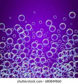 Shampoo foam in floating with realistic water bubbles on purple background. Cleaning liquid soap foam for bath and shower. Shampoo rainbow bubbles. Swimming pool flyer and invite.