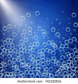 Shampoo foam in floating with realistic water bubbles on blue background with sunshine flare. Cleaning liquid soap foam for bath and shower. Shampoo rainbow bubbles. Swimming pool flyer and invite.