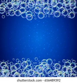 Shampoo foam frame with realistic water bubbles on shiny blue background. Cleaning liquid soap foam for bath and shower. Shampoo rainbow bubbles. Swimming pool flyer and invite.