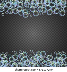 Shampoo foam frame with realistic water bubbles on transparent background. Cleaning liquid soap foam for bath and shower. Shampoo rainbow bubbles. Swimming pool flyer and invite.