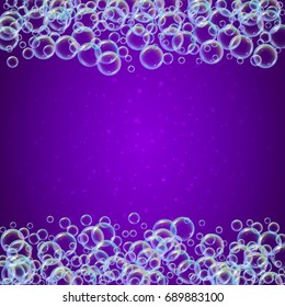 Shampoo foam frame with realistic water bubbles on purple background. Cleaning liquid soap foam for bath and shower. Shampoo rainbow bubbles. Swimming pool flyer and invite.