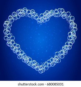 Shampoo foam in heart shape with realistic water bubbles on shiny blue background. Cleaning liquid soap foam for bath and shower. Shampoo rainbow bubbles. Swimming pool flyer and invite.