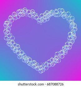 Shampoo foam in heart shape with realistic water bubbles on trendy gradient background. Cleaning liquid soap foam for bath and shower. Shampoo rainbow bubbles. Swimming pool flyer and invite.