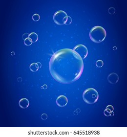 Shampoo foam on blue shiny background. Colorful realistic bubbles with rainbow reflection. Liquid cleaning soap foam for bath and shower. Blowing soap bubble spray for washing design flyer and banner