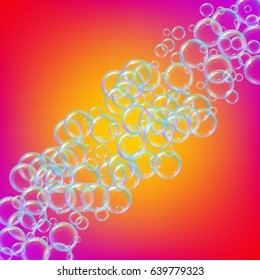 Shampoo foam on multicolored vibrant background. Colorful realistic bubbles with rainbow reflection. Liquid cleaning soap foam for bath and shower. Blowing soap bubble spray for washing flyer design