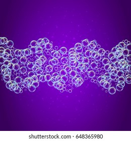Shampoo foam on purple background. Colorful realistic bubbles with rainbow reflection. Liquid cleaning soap foam for bath and shower. Blowing soap bubble spray for washing flyer design and banner