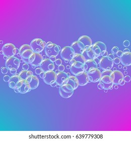 Shampoo foam on trendy gradient background. Colorful realistic bubbles with rainbow reflection. Liquid cleaning soap foam for bath and shower. Blowing soap bubble spray for washing flyer design