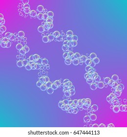 Shampoo foam on trendy gradient background. Colorful realistic bubbles with rainbow reflection. Liquid cleaning soap foam for bath and shower.