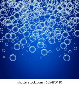 Shampoo foam in raining with realistic water bubbles on shiny blue background. Cleaning liquid soap foam for bath and shower. Shampoo rainbow bubbles. Swimming pool flyer and invite.