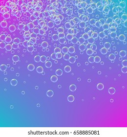 Shampoo foam in raining with realistic water bubbles on trendy gradient background. Cleaning liquid soap foam for bath and shower. Shampoo rainbow bubbles. Swimming pool flyer and invite.