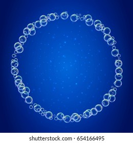 Shampoo foam round frame with realistic water bubbles on shiny blue background. Cleaning liquid soap foam for bath and shower. Shampoo rainbow bubbles. Swimming pool flyer and invite.