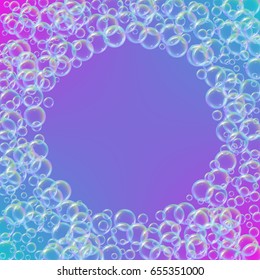 Shampoo foam round frame with realistic water bubbles on trendy gradient background. Cleaning liquid soap foam for bath and shower. Shampoo rainbow bubbles. Swimming pool flyer and invite.