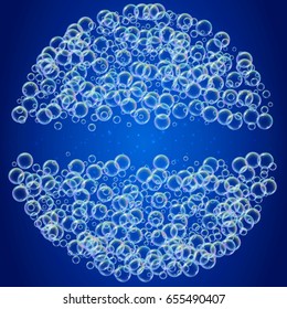 Shampoo foam round frame with realistic water bubbles on shiny blue background. Cleaning liquid soap foam for bath and shower. Shampoo rainbow bubbles. Swimming pool flyer and invite.