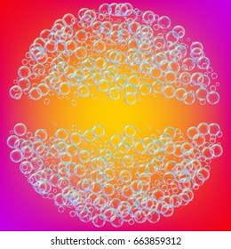 Shampoo foam round frame with realistic water bubbles on multicolored vibrant background. Cleaning liquid soap foam for bath and shower. Shampoo rainbow bubbles. Swimming pool flyer and invite.