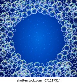 Shampoo foam round frame with realistic water bubbles on shiny blue background. Cleaning liquid soap foam for bath and shower. Shampoo rainbow bubbles. Swimming pool flyer and invite.